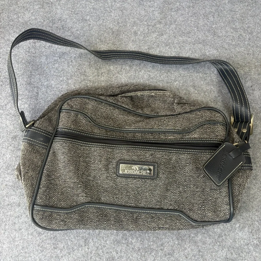 Jordache Vintage Messenger Bag Medium Gray‎ Tweed Faux Leather Trim Crossbody
